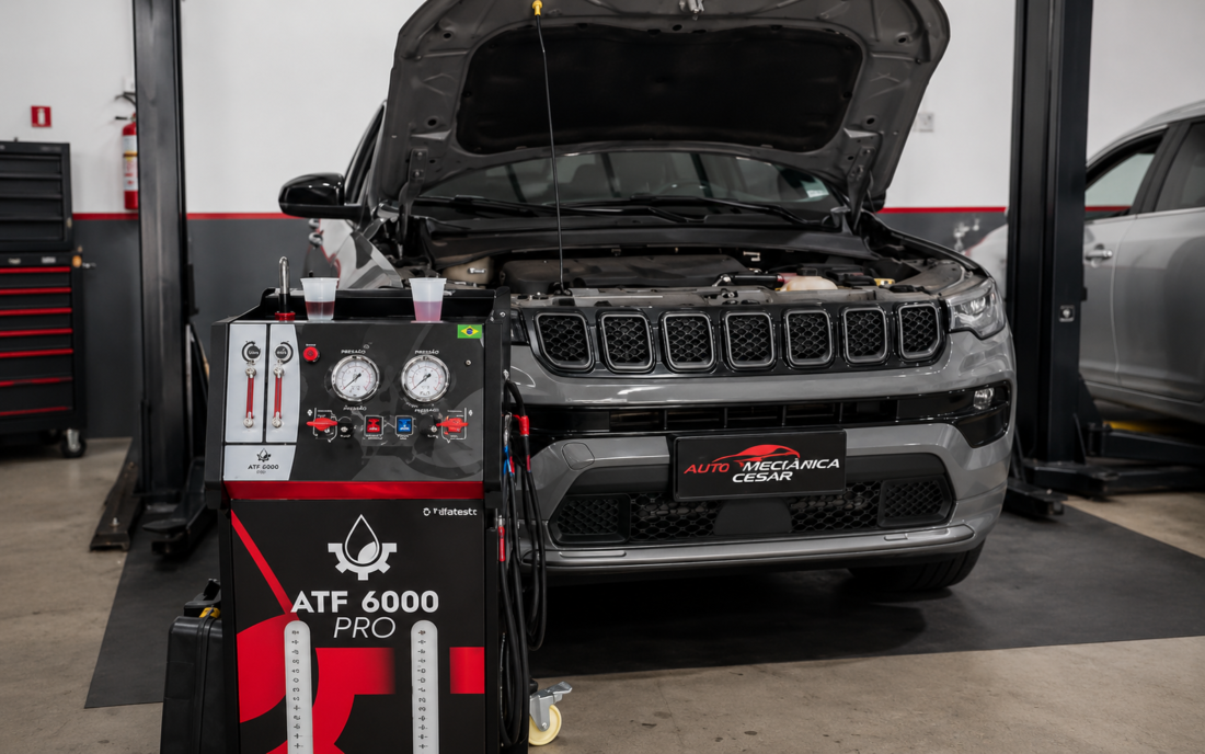 Equipamento de troca de óleo de câmbio automático conectado a um SUV Jeep Compass cinza na oficina Cesar Auto Mecânica, em Portão-RS, durante o processo de substituição completa do fluido da transmissão automática.